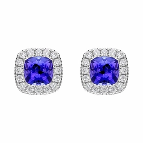 18ct White Gold 1.25ct Tanzanite 0.21ct Diamond Cushion Cut Stud Earrings