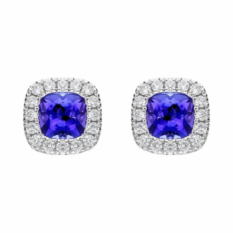 18ct White Gold 1.25ct Tanzanite 0.21ct Diamond Cushion Cut Stud Earrings