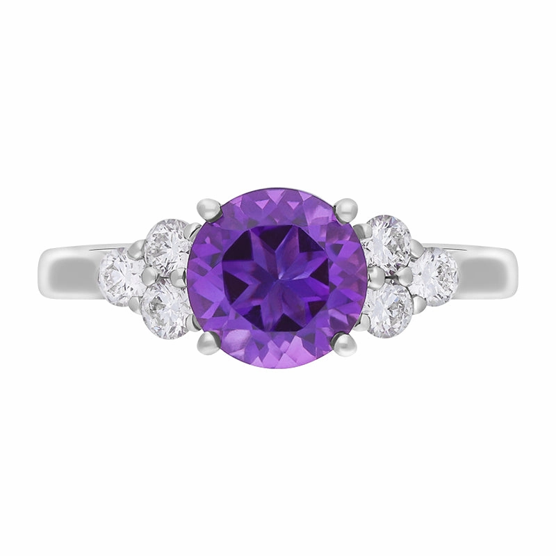 18ct White Gold 1.30ct Amethyst Diamond Cluster Round Cut Ring