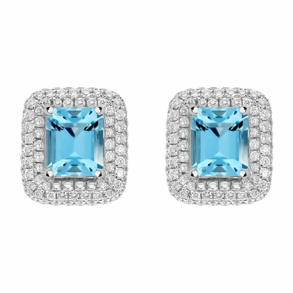 18ct White Gold 1.44ct Aquamarine 0.57ct Diamond Cushion Stud Earrings D