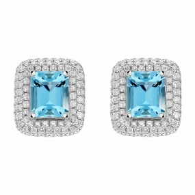 18ct White Gold 1.44ct Aquamarine 0.57ct Diamond Cushion Stud Earrings D