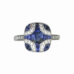 18ct White Gold 1.79ct Sapphire 0.23ct Diamond Cluster Art Deco Ring