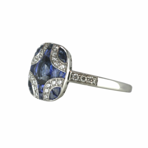 18ct White Gold 1.79ct Sapphire 0.23ct Diamond Cluster Art Deco Ring
