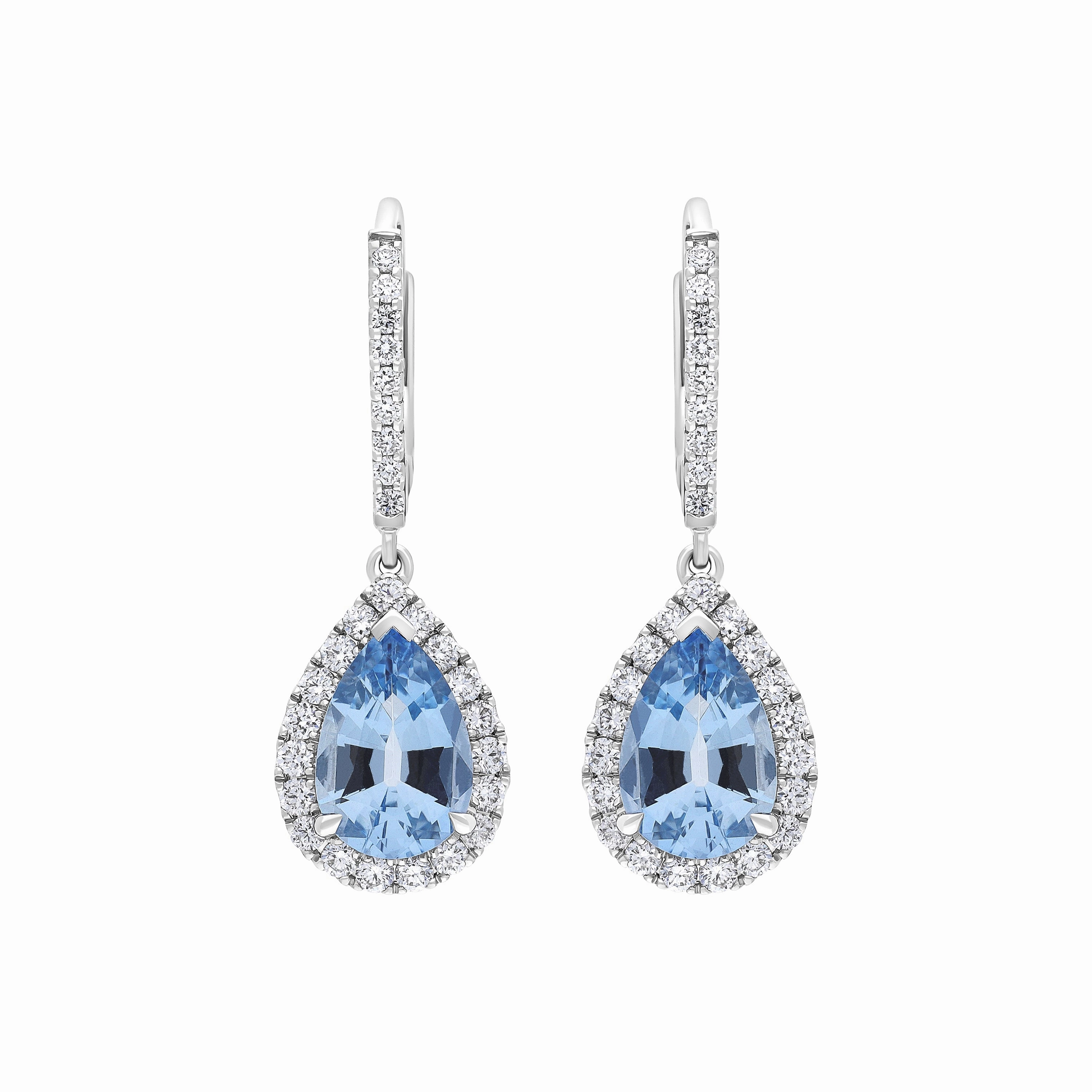 18ct White Gold 1.90ct Aquamarine 0.61ct Diamond Pear Cut Drop Earrings