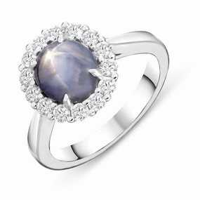 18ct White Gold 2.53ct Star Sapphire Diamond Cluster Ring