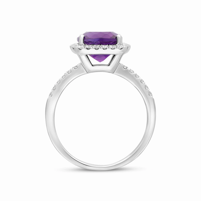 18ct White Gold 2.58ct Amethyst Diamond Shoulder Set Halo Ring