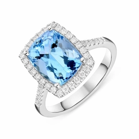 18ct White Gold 3.93ct Aquamarine 0.33ct Diamond Cushion Cut Ring