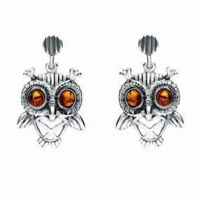 18ct White Gold Amber Orange Owl Stud Earrings