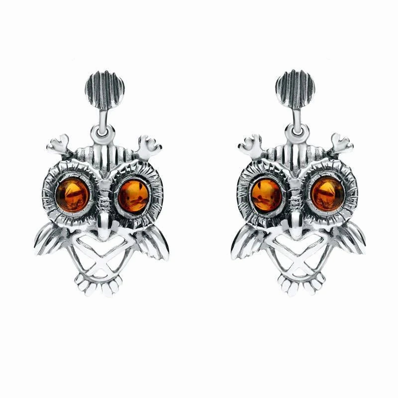 18ct White Gold Amber Orange Owl Stud Earrings