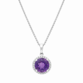 18ct White Gold Amethyst Diamond Round Cluster Pendant