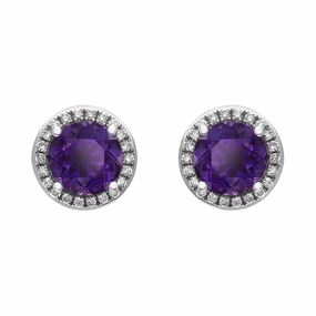 18ct White Gold Amethyst Diamond Round Cluster Stud Earrings