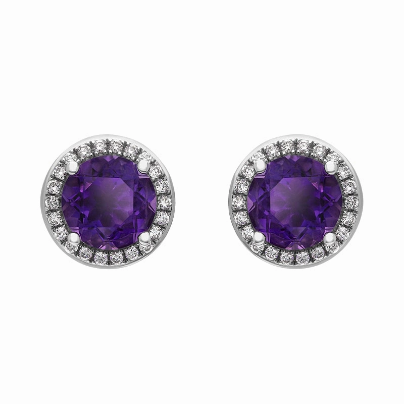 18ct White Gold Amethyst Diamond Round Cluster Stud Earrings