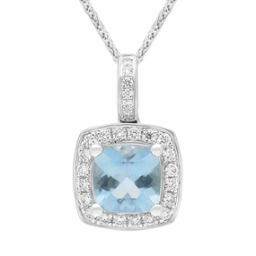 18ct White Gold Aquamarine Diamond Cushion Cut Cluster Pendant