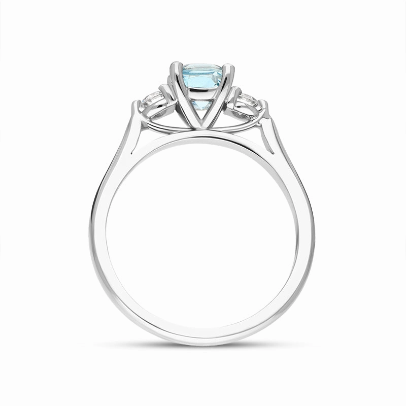 18ct White Gold Aquamarine Diamond Cushion Cut Three Stone Ring
