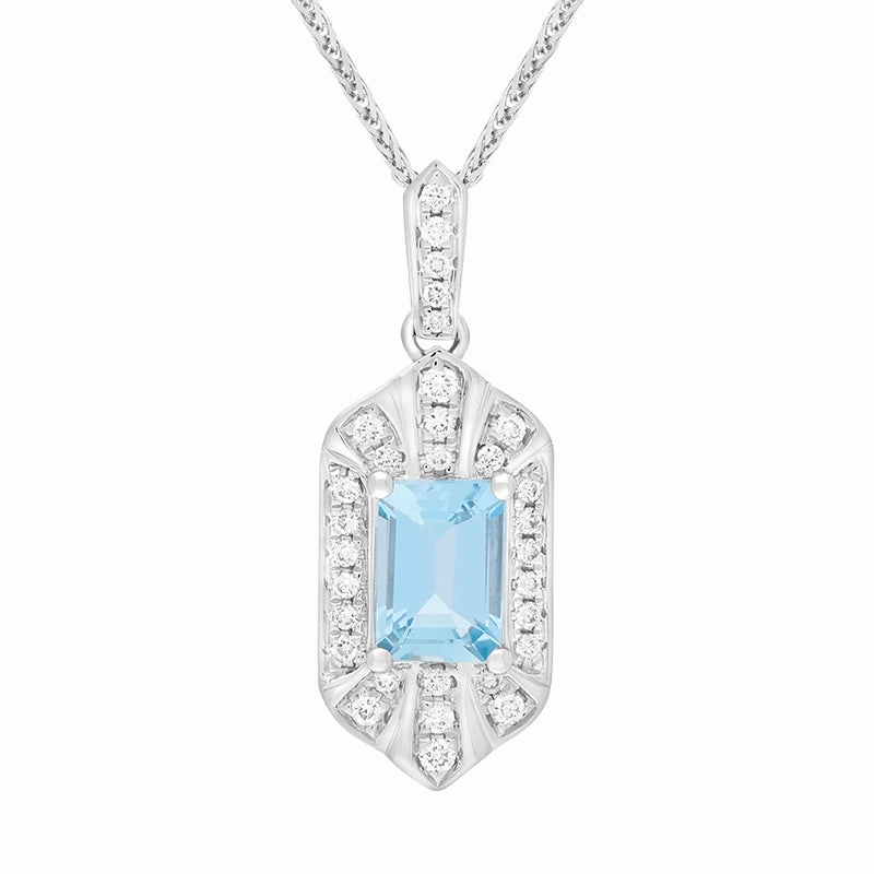 18ct White Gold Aquamarine Diamond Emerald Cut Cluster Pendant