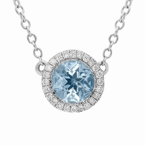 18ct White Gold Aquamarine Diamond Halo Necklace