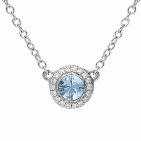 18ct White Gold Aquamarine Diamond Halo Necklace D