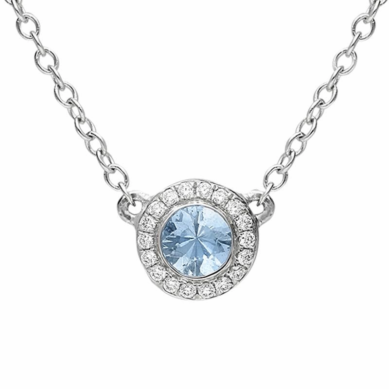 18ct White Gold Aquamarine Diamond Halo Necklace D