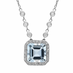 18ct White Gold Aquamarine Diamond Halo Necklace