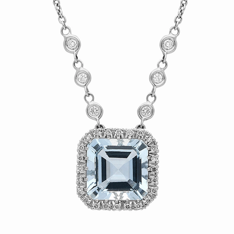18ct White Gold Aquamarine Diamond Halo Necklace