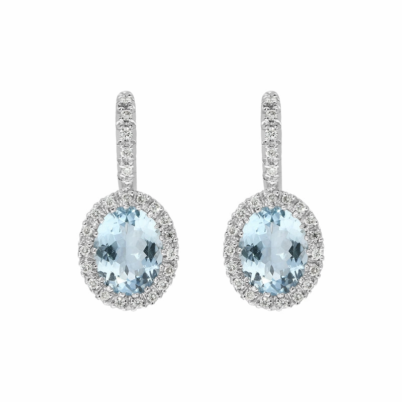 18ct White Gold Aquamarine Diamond Oval Cut Drop Earrings