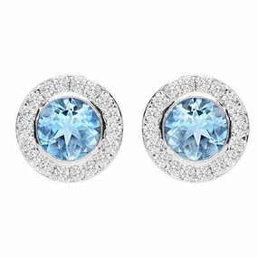 18ct White Gold Aquamarine Diamond Pave Round Stud Earrings