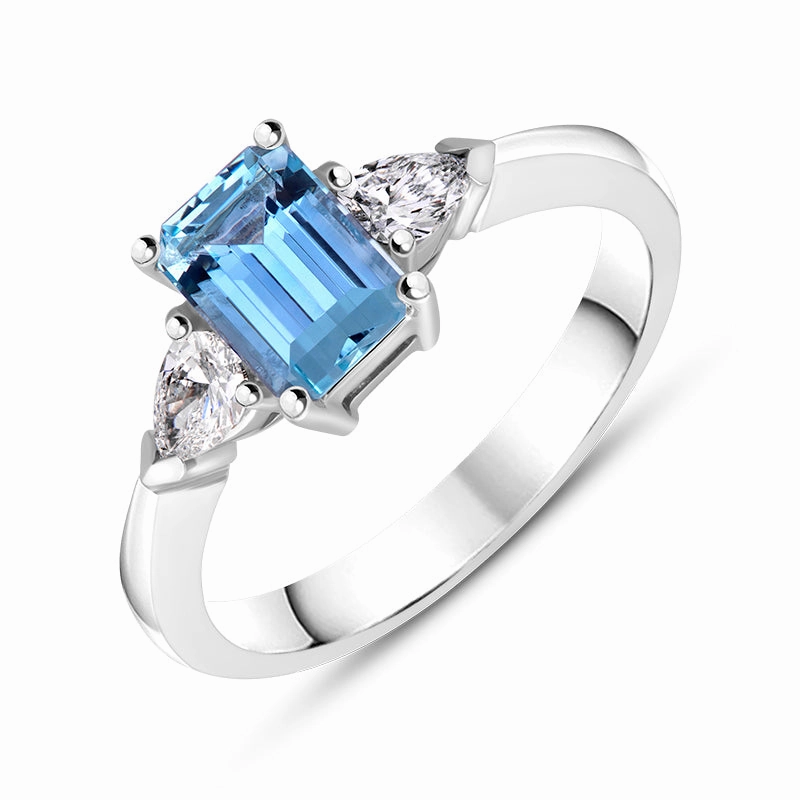 18ct White Gold Aquamarine Diamond Three Stone Ring