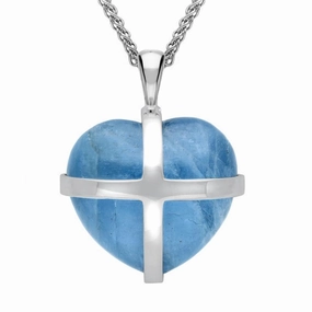 18ct White Gold Aquamarine Large Cross Heart Necklace