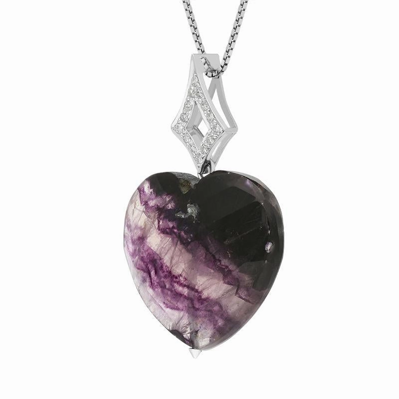 18ct White Gold Blue John 0.125ct Diamond Faceted Heart Necklace D