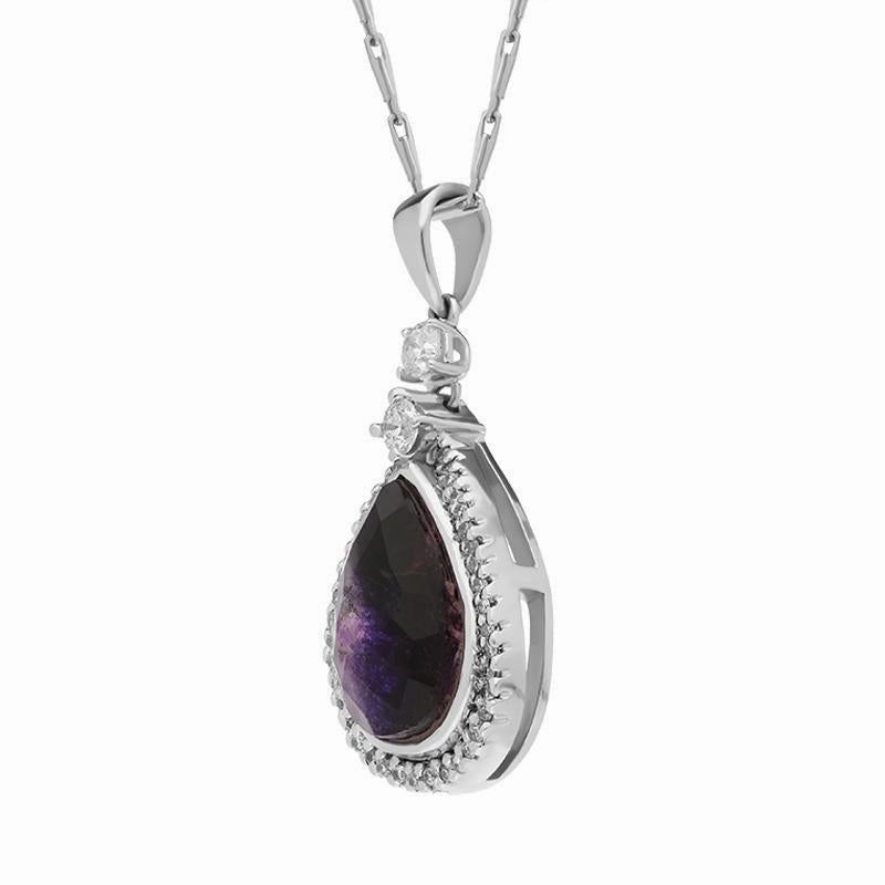 18ct White Gold Blue John 0.23ct Diamond Faceted Pear Necklace