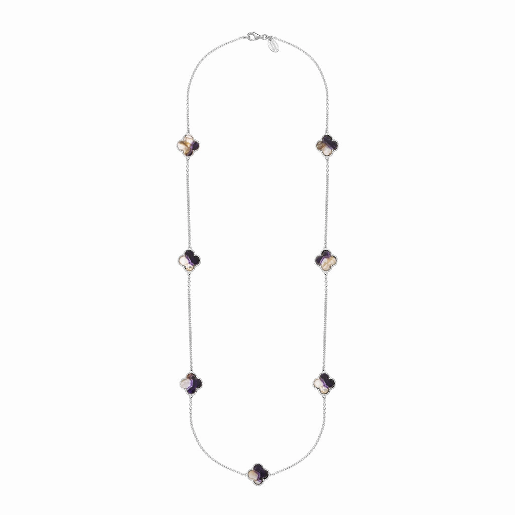 18ct White Gold Blue John bloom Four Leaf Clover Ball Edge Long Necklace