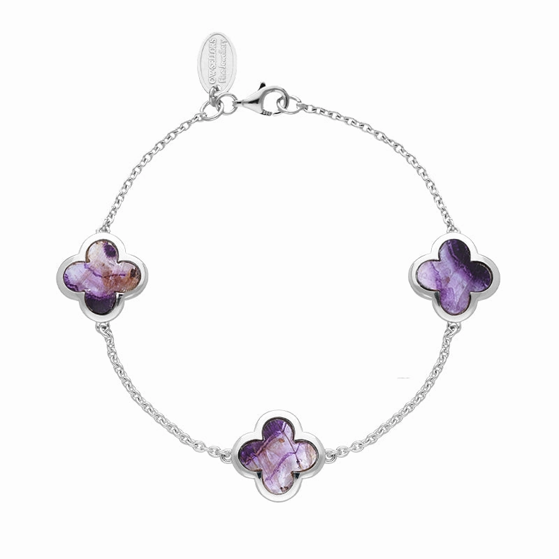 18ct White Gold Blue John  bloom Four Leaf Clover Chain Bracelet