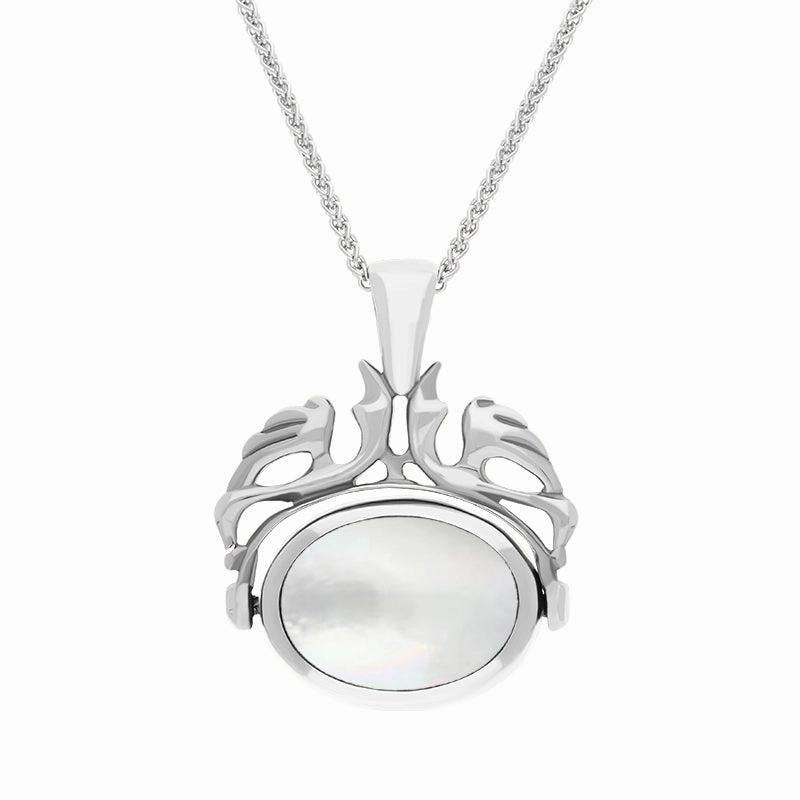 18ct White Gold Blue John Mother Of Pearl Double Sided Oval Swivel Fob Necklace