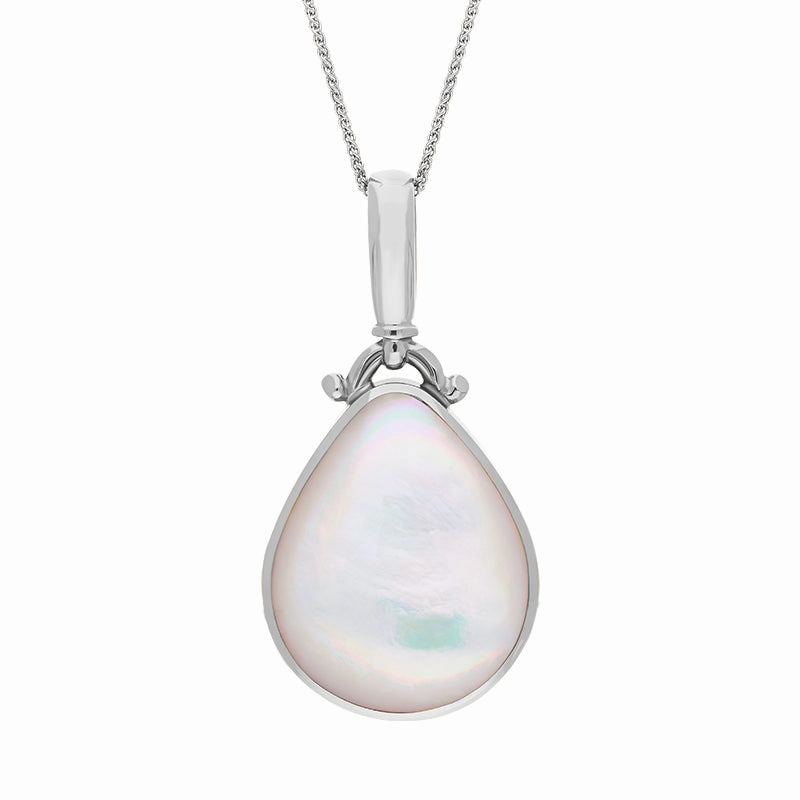18ct White Gold Blue John Mother of Pearl Double Sided Pear Fob Necklace