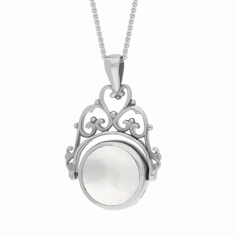 18ct White Gold Blue John Mother Of Pearl Double Sided Round Swivel Fob Necklace