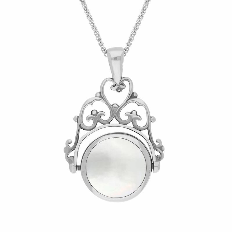 18ct White Gold Blue John Mother Of Pearl Double Sided Round Swivel Fob Necklace