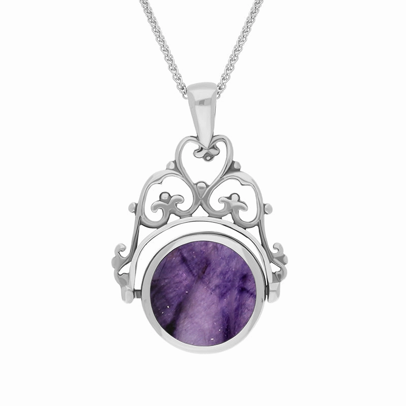 18ct White Gold Blue John Mother Of Pearl Double Sided Round Swivel Fob Necklace