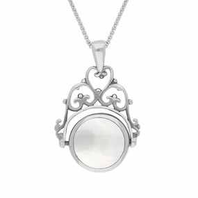 18ct White Gold Blue John Mother Of Pearl Double Sided Round Swivel Fob Necklace