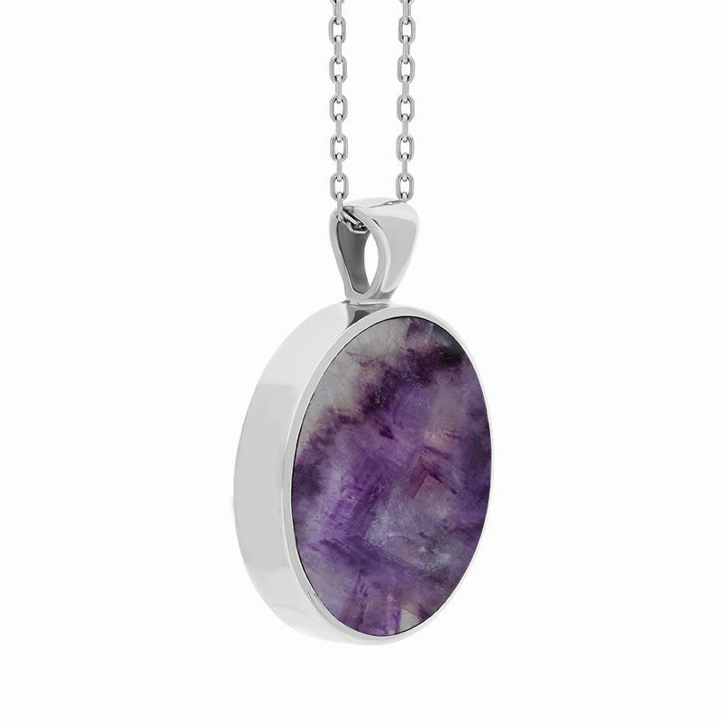 18ct White Gold Blue John Mother Of Pearl Large Double Sided Round Fob Necklace