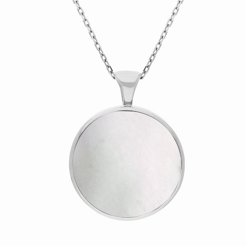 18ct White Gold Blue John Mother Of Pearl Large Double Sided Round Fob Necklace