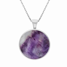 18ct White Gold Blue John Mother Of Pearl Large Double Sided Round Fob Necklace