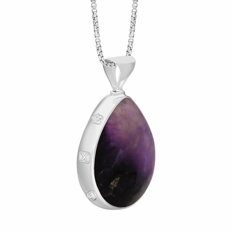 18ct White Gold Blue John Mother of Pearl Queens Jubilee Hallmark Double Sided Pear-shaped Necklace D