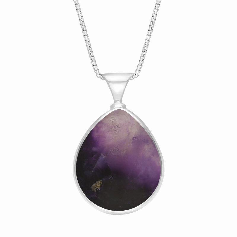 18ct White Gold Blue John Mother of Pearl Queens Jubilee Hallmark Double Sided Pear-shaped Necklace D