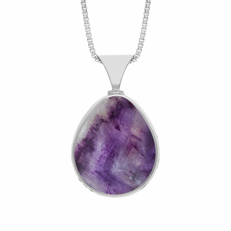 18ct White Gold Blue John Mother of Pearl Queens Jubilee Hallmark Double Sided Pear-shaped Necklace D