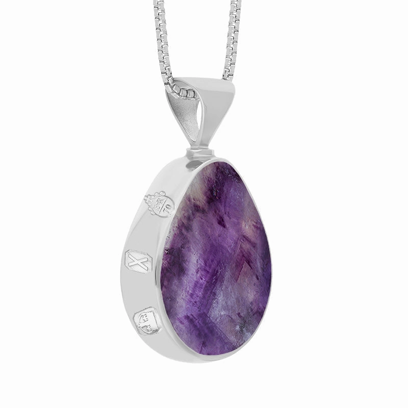18ct White Gold Blue John Mother of Pearl Queens Jubilee Hallmark Double Sided Pear-shaped Necklace D