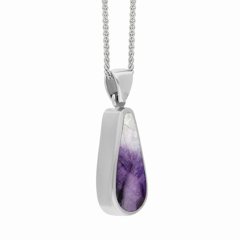 18ct White Gold Blue John Mother Of Pearl Small Double Sided Pear Cut Fob Necklace