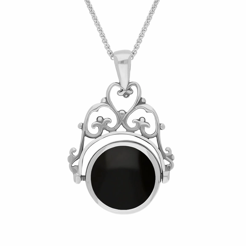 18ct White Gold Blue John Whitby Jet Double Sided Round Swivel Fob Necklace