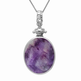 18ct White Gold Blue John White Mother Of Pearl Double Sided Oval Fob Necklace