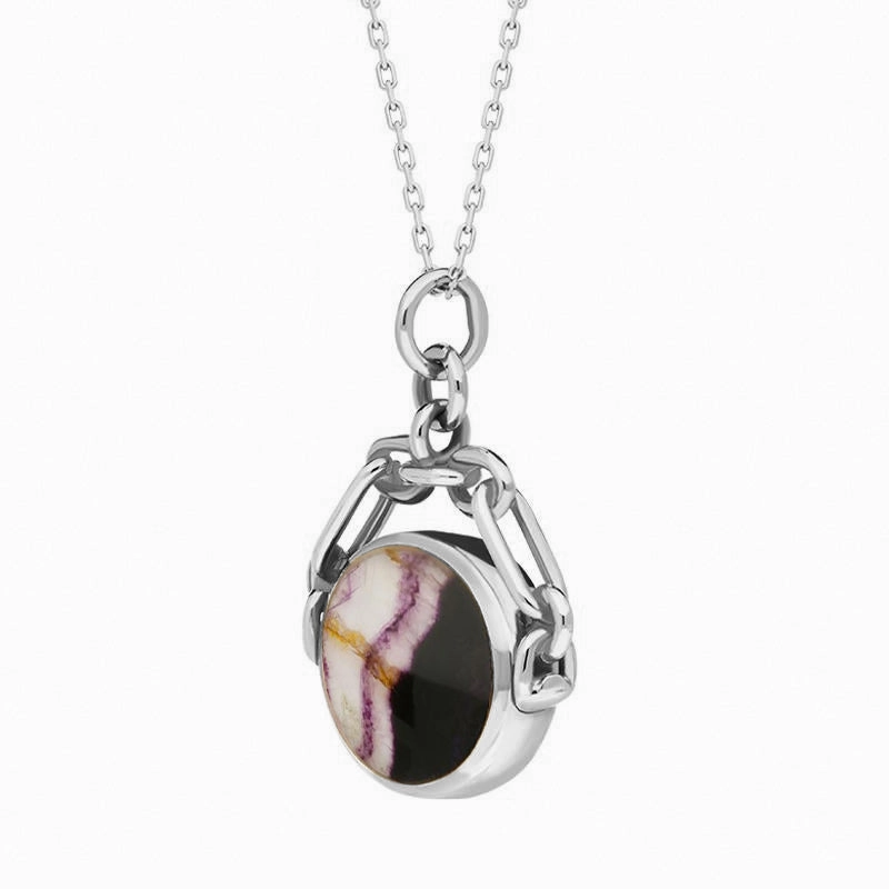 18ct White Gold Blue John White Mother Of Pearl Double Sided Swivel Fob Necklace