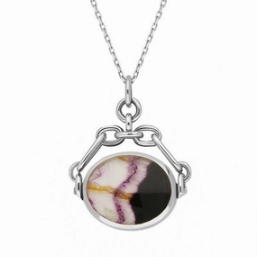 18ct White Gold Blue John White Mother Of Pearl Double Sided Swivel Fob Necklace